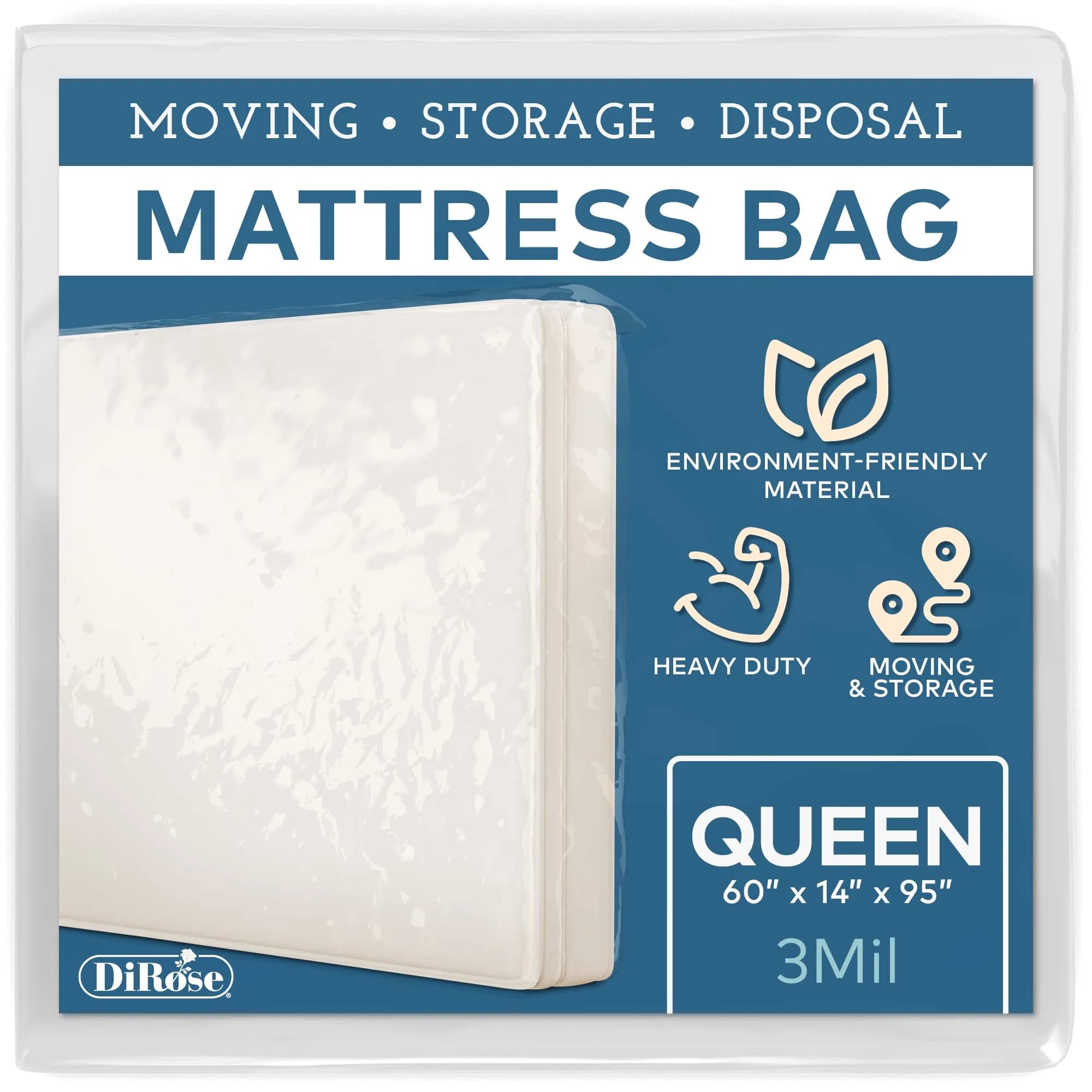 DiRose Clear Mattress Storage Bag for Queen Size - Heavy Duty 3.0 Mil Thick Plastic Protector | Waterproof & Reusable for Moving, Storage, Disposal - main product image