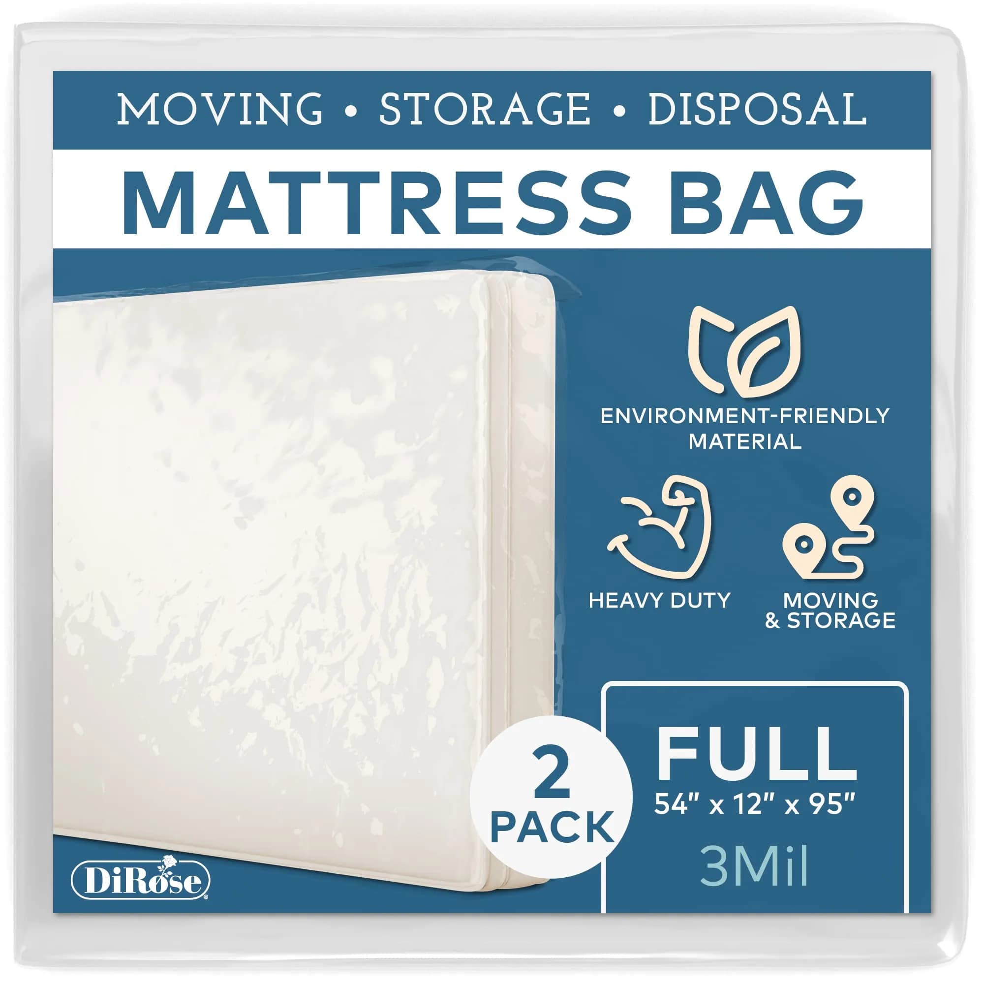 DiRose Mattress Storage Bag Full Size Waterproof Heavy Duty 2pk | Reusable Clear Plastic Moving Cover (54x12x95 in) - main product image