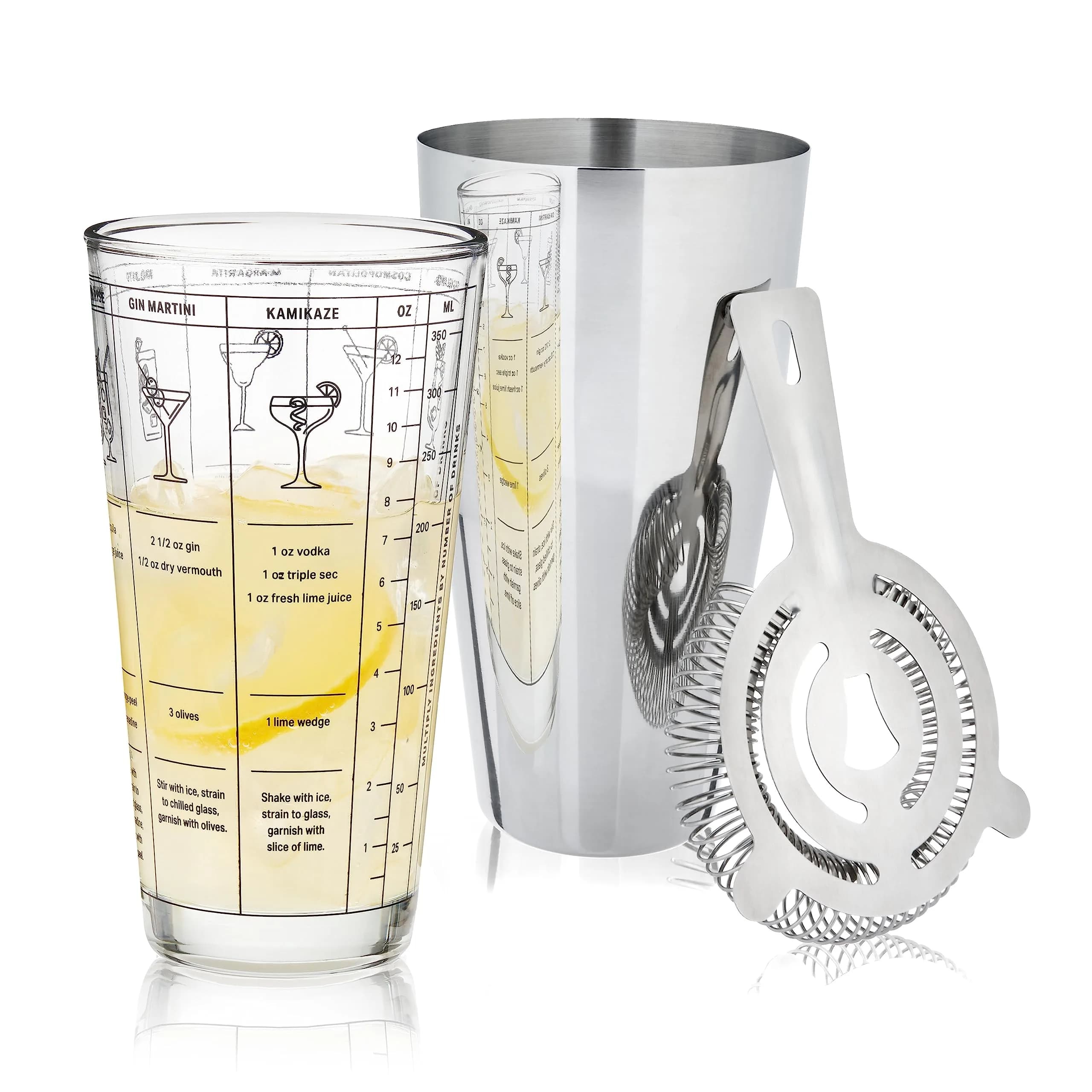 TRUE 3-Piece Barware Set for Mixed Drinks and Cold Brew Cocktails | Includes Cocktail Shaker Tin & Recipes — Assorted