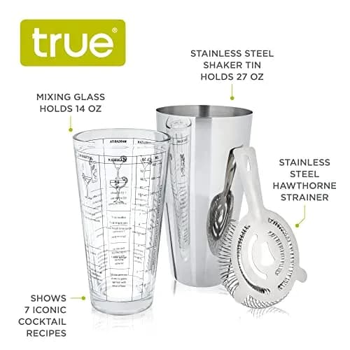 TRUE 3-Piece Barware Set for Mixed Drinks and Cold Brew Cocktails | Includes Cocktail Shaker Tin & Recipes thumbnail 2