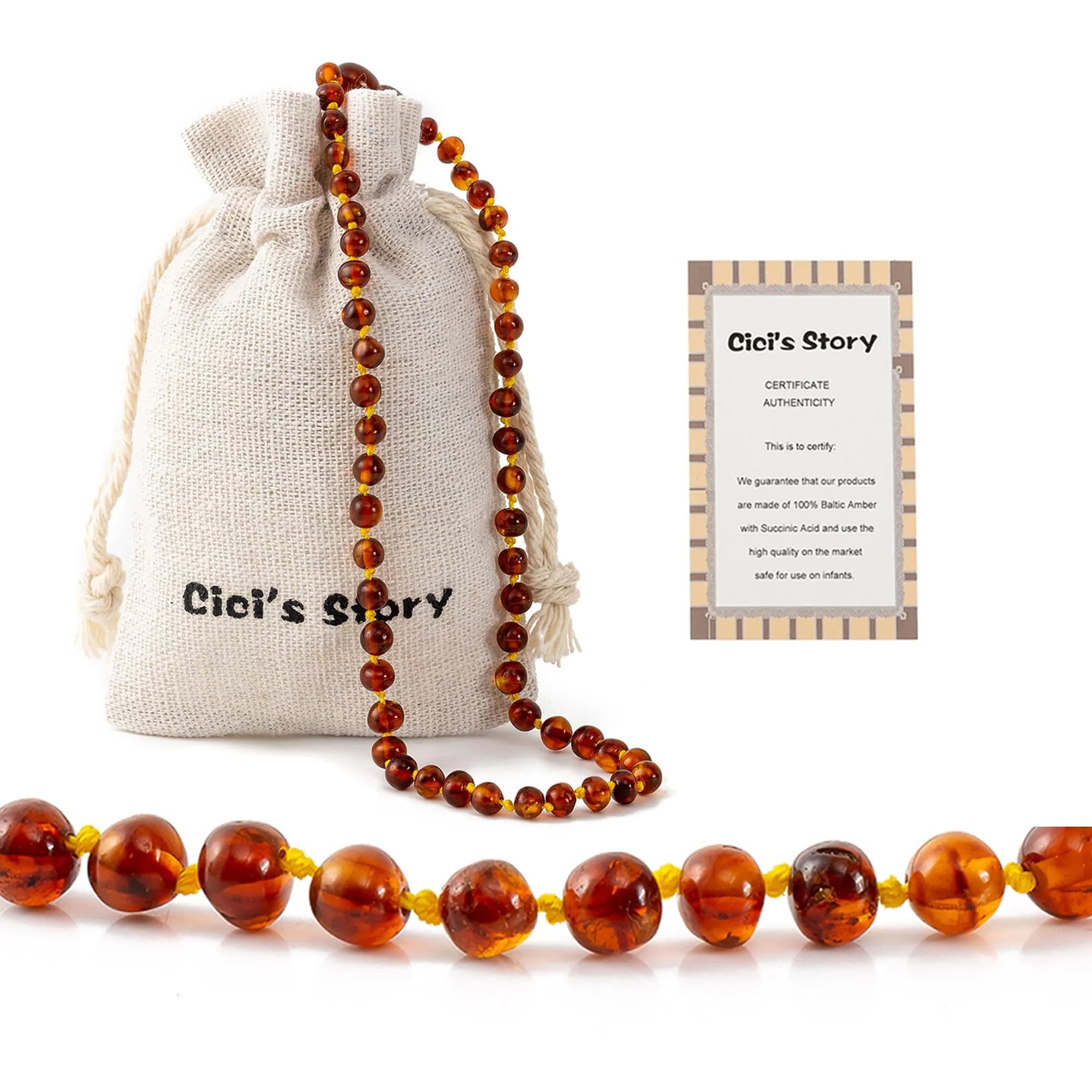Cici's Story Baltic Amber Necklace 14 Inch Cognac | Certified Authentic Amber for Babies & Adults — Cognac