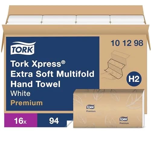 Tork Extra Soft Multifold Hand Towels White with Blue Leaf Print, 1504 Towels (16 Packs) | FSC Certified & Compostable thumbnail 1