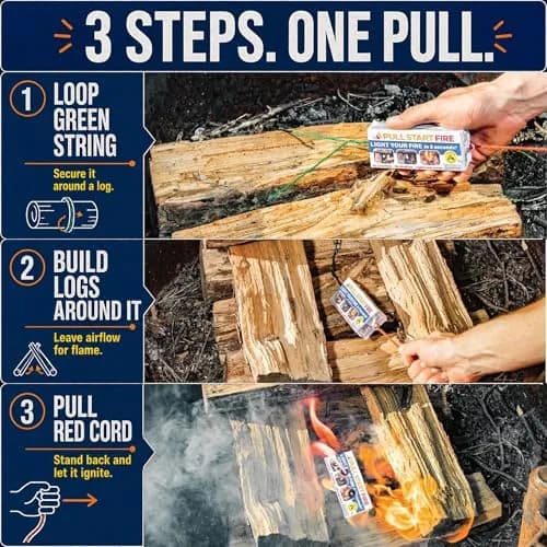 Pull Start Fire Starter, Pull String, No Matches, Lights Wet Wood, 12 Count | Reliable Waterproof Fire Ignition thumbnail 3