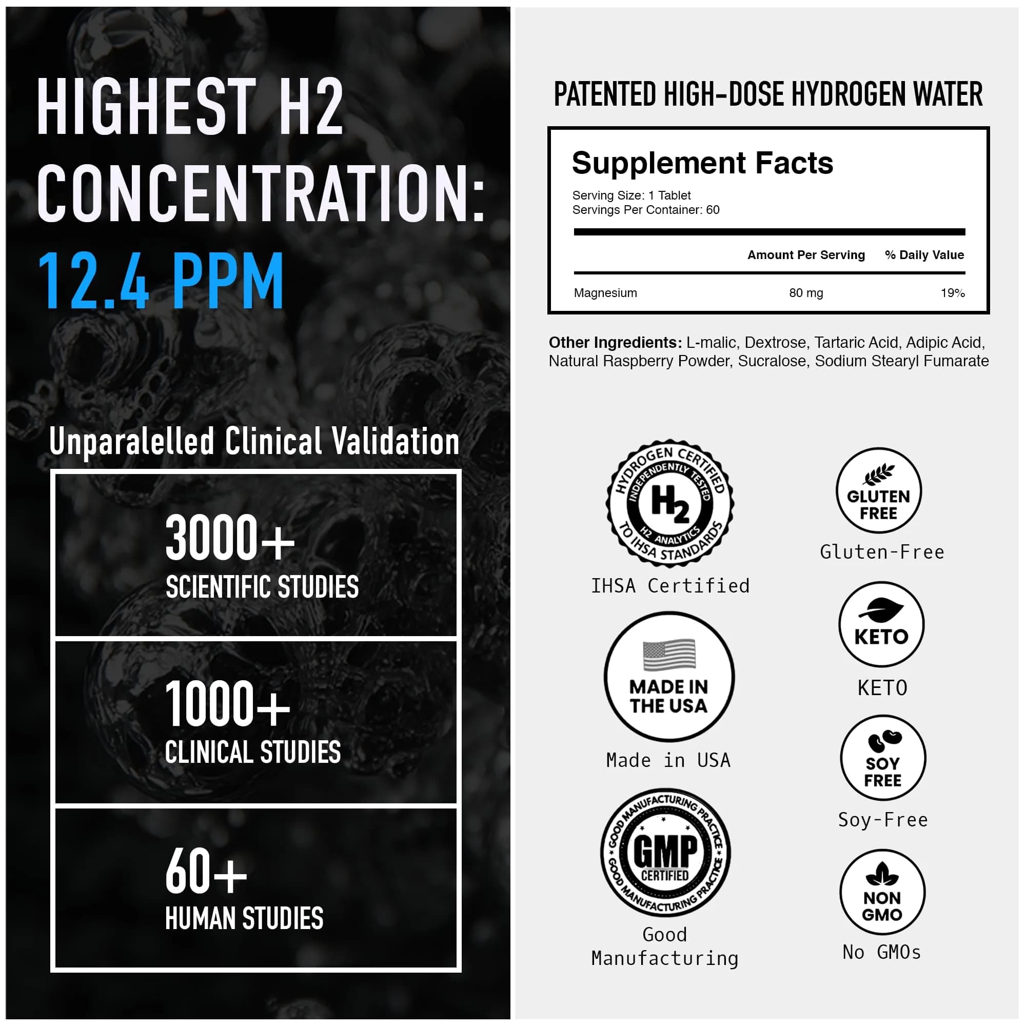 DRINK HRW Rejuvenation Molecular Hydrogen Water Tablets Raspberry 60 Count | 12.4 PPM Hydrogen + Magnesium, Supports Energy, Recovery + Cognitive Function, Patented, USA Made, IHSA Certified - view 2