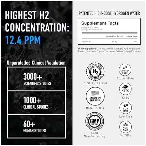 DRINK HRW Rejuvenation Molecular Hydrogen Water Tablets Raspberry 60 Count | 12.4 PPM Hydrogen + Magnesium, Supports Energy, Recovery + Cognitive Function, Patented, USA Made, IHSA Certified thumbnail 2