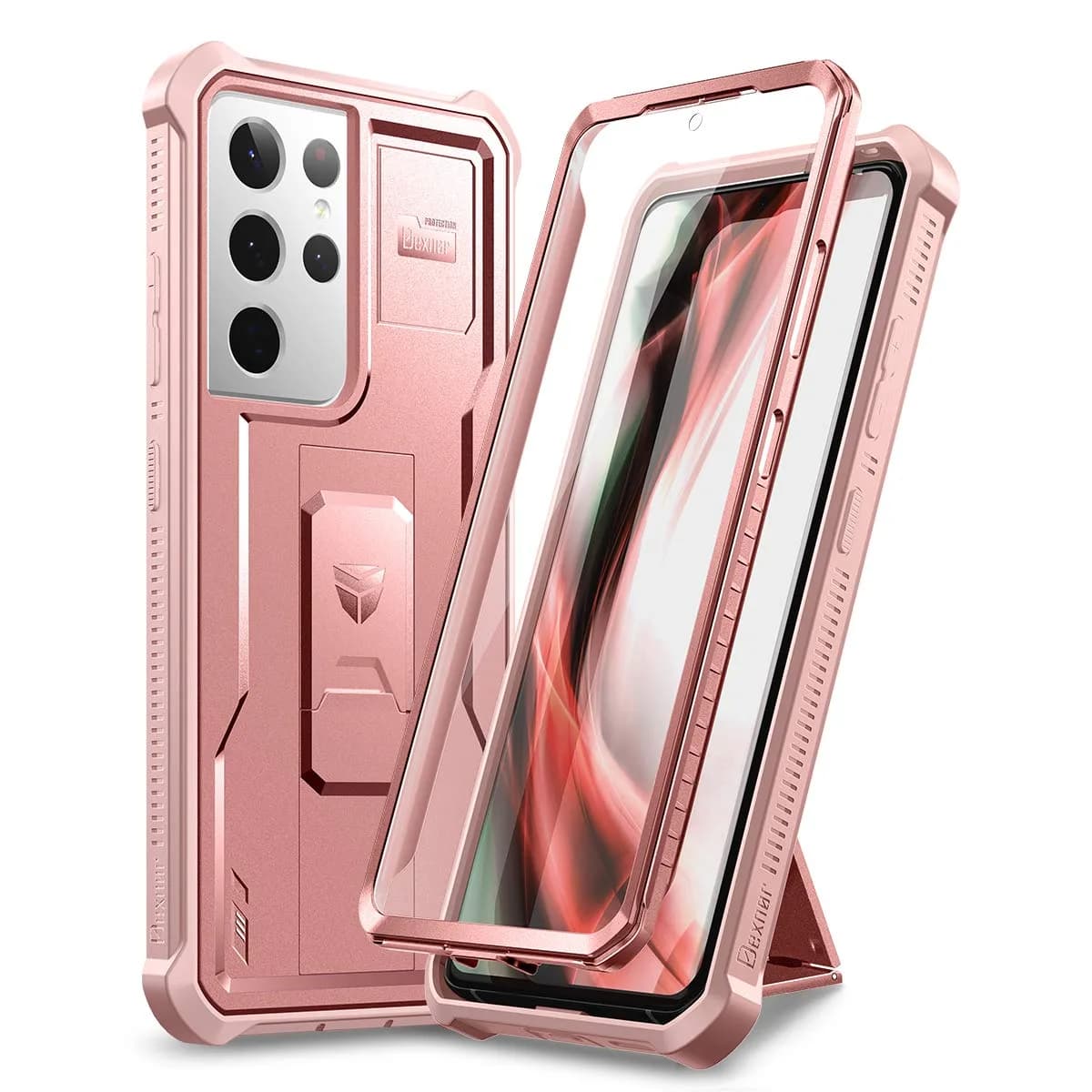 Dexnor Galaxy S21 Ultra Case with Screen Protector & Kickstand | Heavy Duty Shockproof Cover in Rose Gold — Rose Gold
