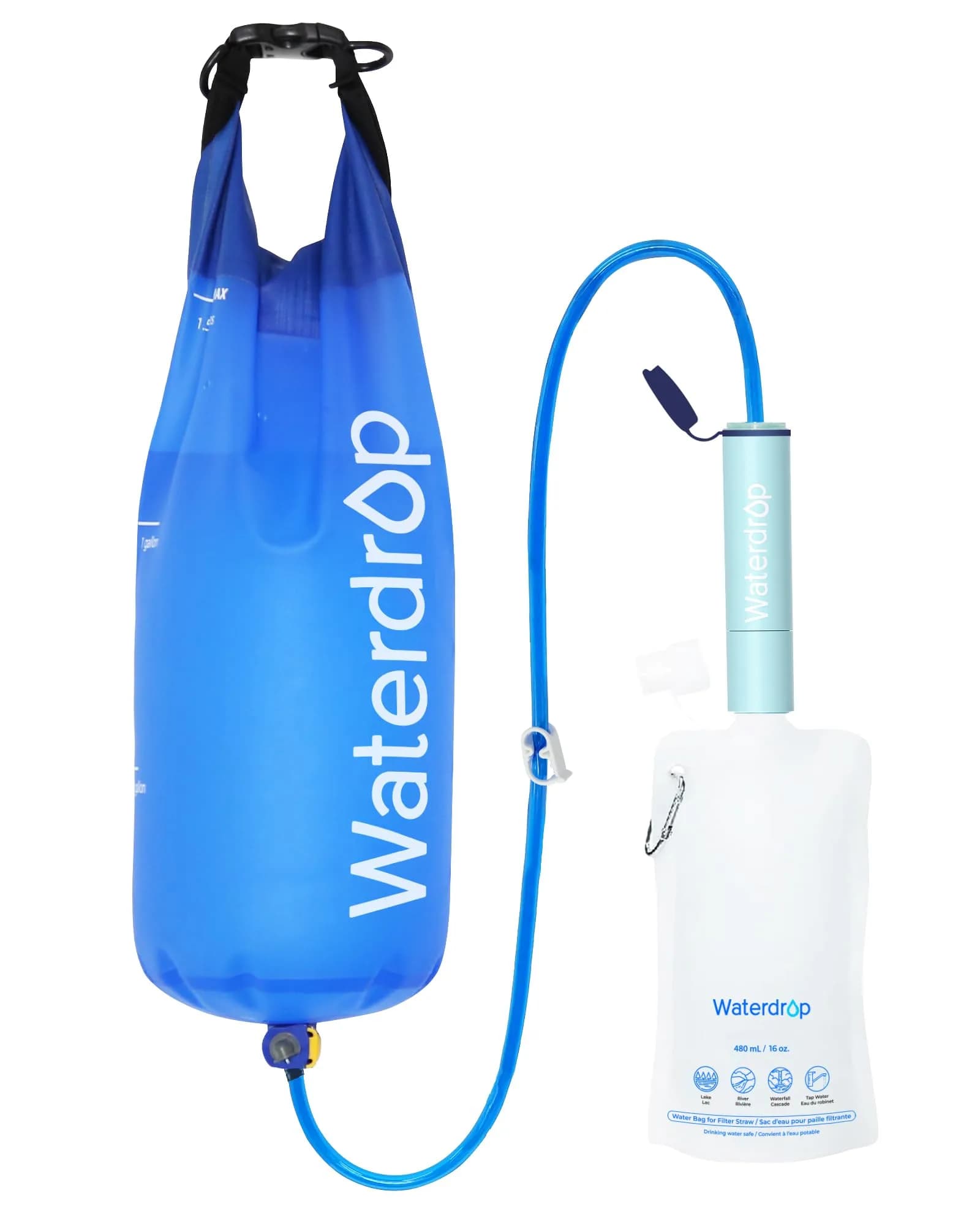 Waterdrop Gravity Water Filter Straw with 1.5 Gal Bag | Filters 1400 Gallons — Light Blue