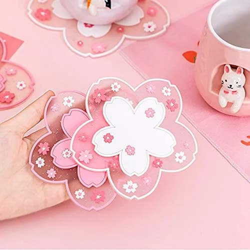 Binoster Cherry Blossom Coaster Set 2PCS 11cm (4.2") | Cute PVC Anti-Skid Drink Table Decor thumbnail 5