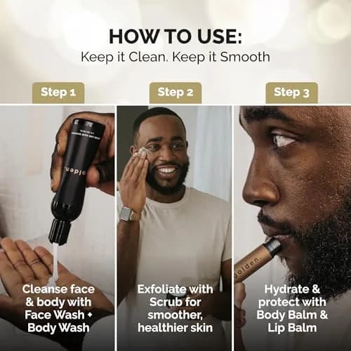 Golden Grooming Co. Essential Skincare Set for Men | Complete Face & Body Care Kit with Face Wash, Exfoliating Scrub, Body Wash, Tweezers & Lip Balms thumbnail 6
