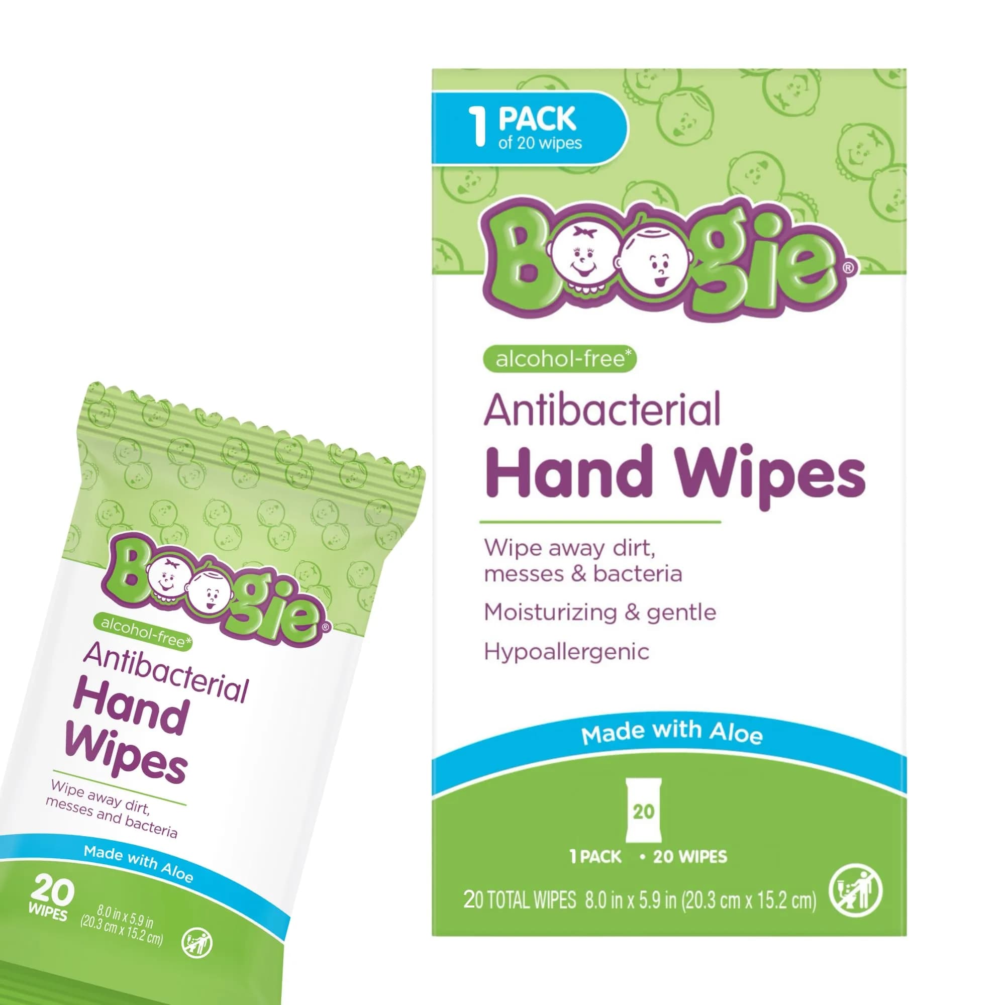 Boogie Antibacterial Hand Wipes - 20 Count | Alcohol-Free, Hypoallergenic, Moisturizing