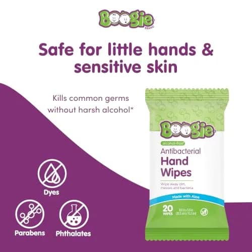 Boogie Antibacterial Hand Wipes - 20 Count | Alcohol-Free, Hypoallergenic, Moisturizing thumbnail 3