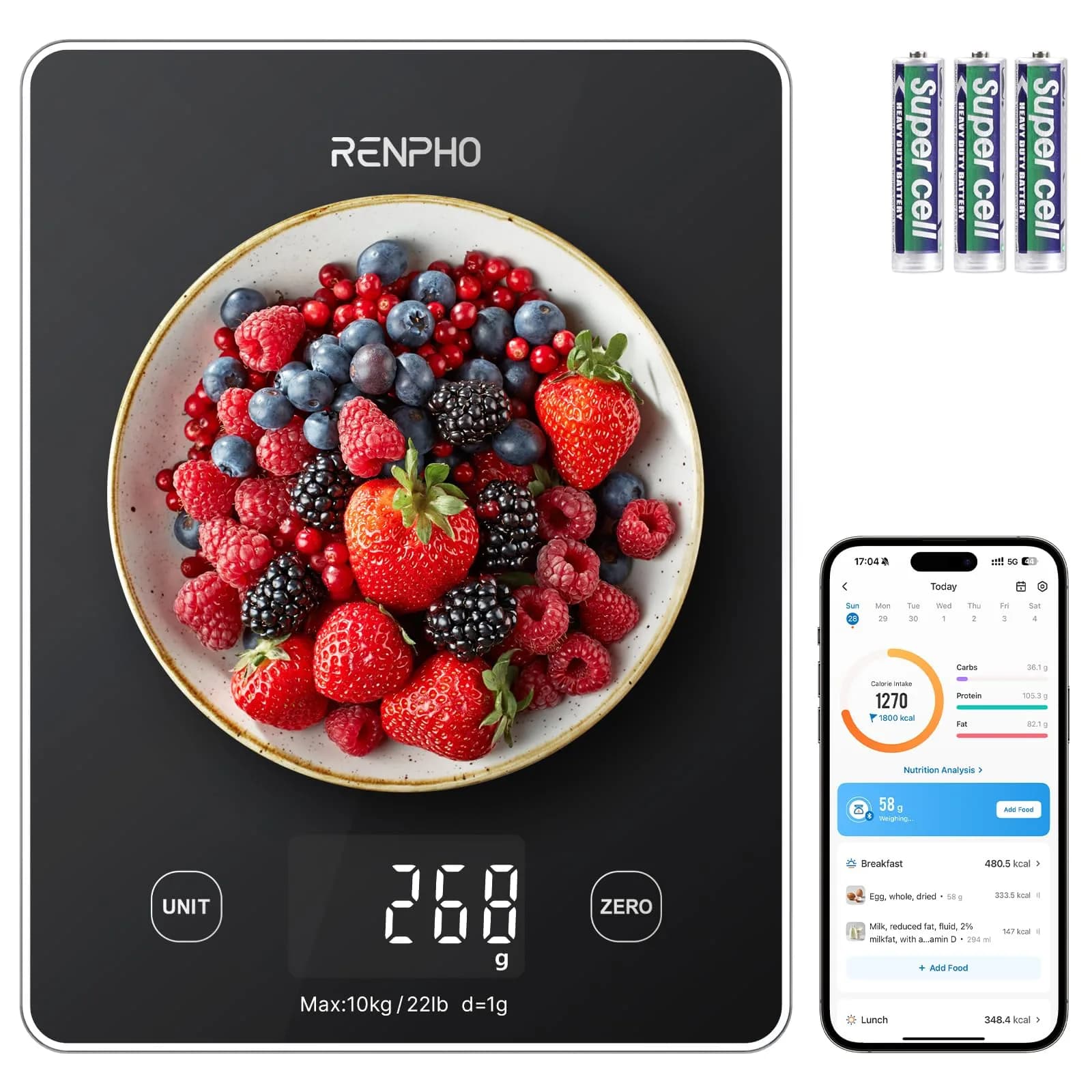 RENPHO Smart Food Scale with Nutritional Calculator, Bluetooth App, Black | Accurate Kitchen & Nutrition Tracking