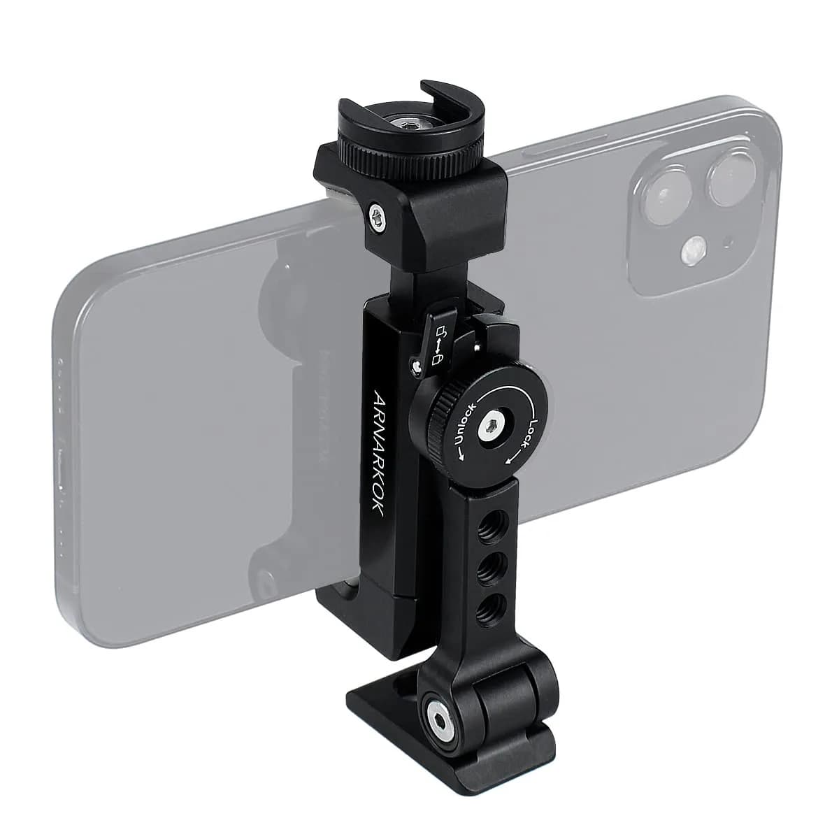 ARNARKOK Metal Phone Tripod Mount with Rotatable Cold Shoe | 360° Swivel & Tilt, Aluminum Body for Vlogging & Live Streaming — black