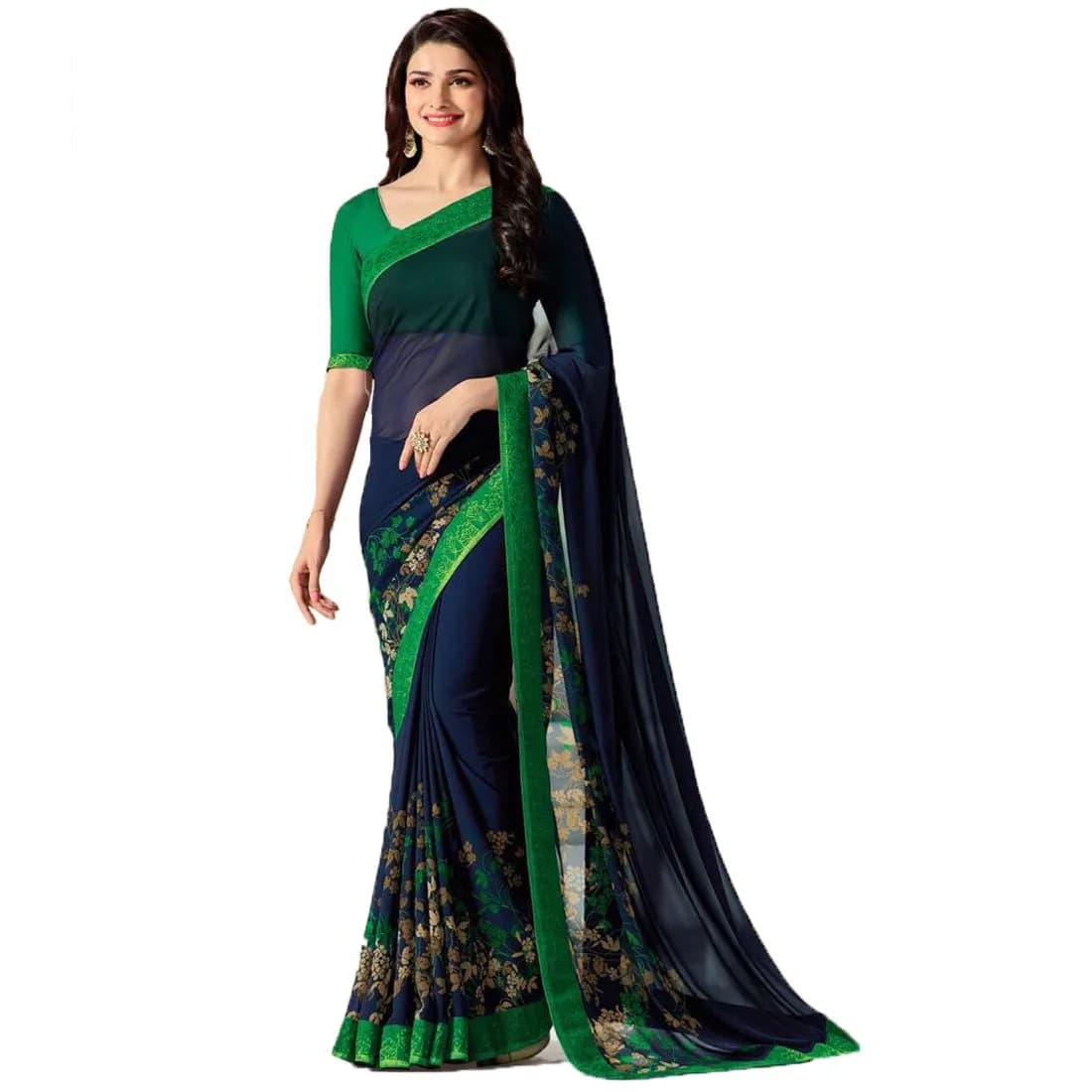 RAJESHWAR FASHION WITH RF Women's Pure Georgette Saree With Blouse Piece, Blue Green, One size