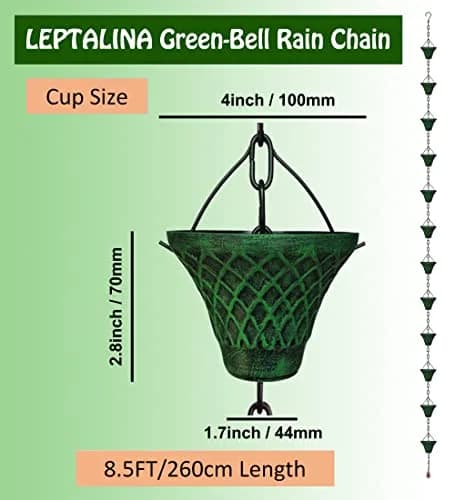 LEPTALINA Bell Rain Chain 2.59m (8.5ft) | Antique Green Iron Garden Decor thumbnail 3