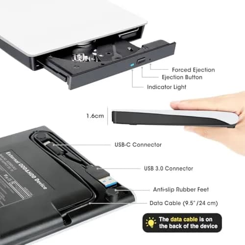 ROOFULL External CD DVD Drive with Carrying Case, USB 3.0/Type-C, 15.7cm x 15.2cm x 1.6cm | Reads & Writes CDs/DVDs thumbnail 5