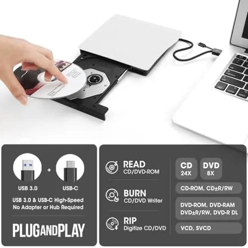 ROOFULL External CD DVD Drive with Carrying Case, USB 3.0/Type-C, 15.7cm x 15.2cm x 1.6cm | Reads & Writes CDs/DVDs thumbnail 2