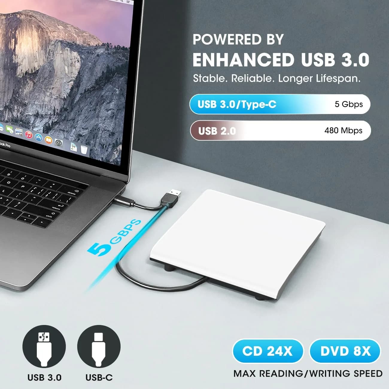 ROOFULL External CD DVD Drive with Carrying Case, USB 3.0/Type-C, 15.7cm x 15.2cm x 1.6cm | Reads & Writes CDs/DVDs - view 3