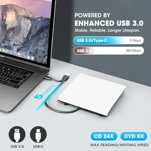 ROOFULL External CD DVD Drive with Carrying Case, USB 3.0/Type-C, 15.7cm x 15.2cm x 1.6cm | Reads & Writes CDs/DVDs thumbnail 3