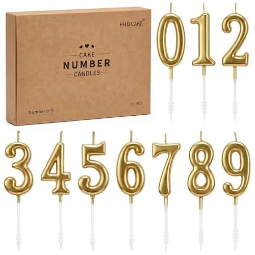 PHD CAKE Champagne Gold Number Birthday Candles 0-9 | 10 Pieces, 4.33 inches Tall thumbnail 1