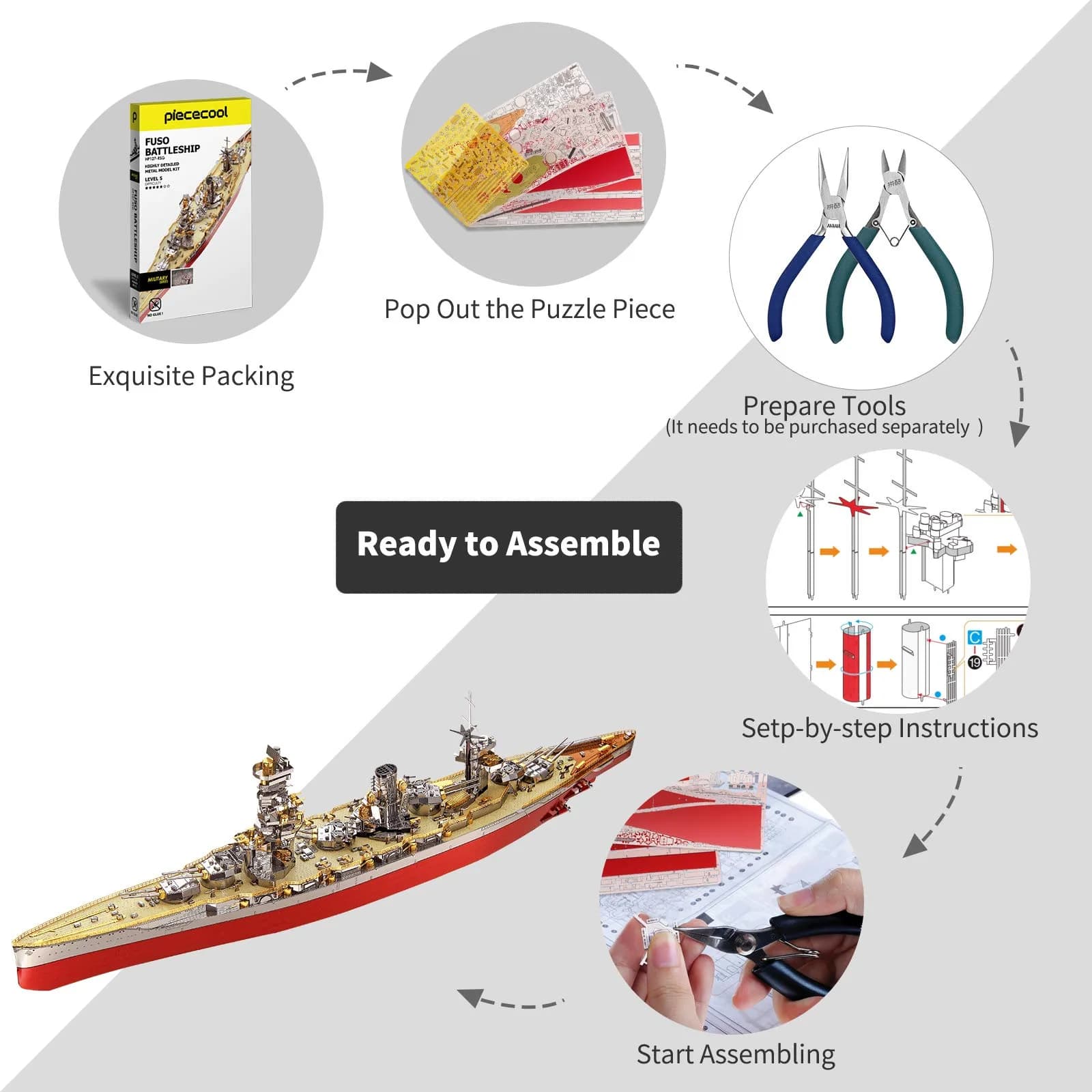 Piececool Fuso Battleship 3D Metal Puzzle Model Kit 330 Pcs | Challenging DIY Craft for Adults & Teens - view 4