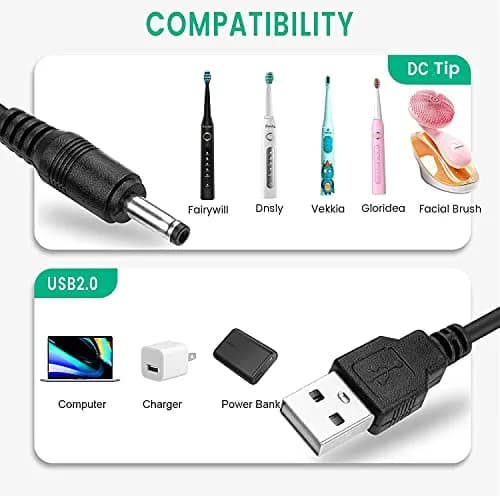 Smays USB to DC Round Tip Charging Cable 1.5m (5ft) 2-Pack | Compatible with Fairywill, Bitvae, Foreo Luna thumbnail 2