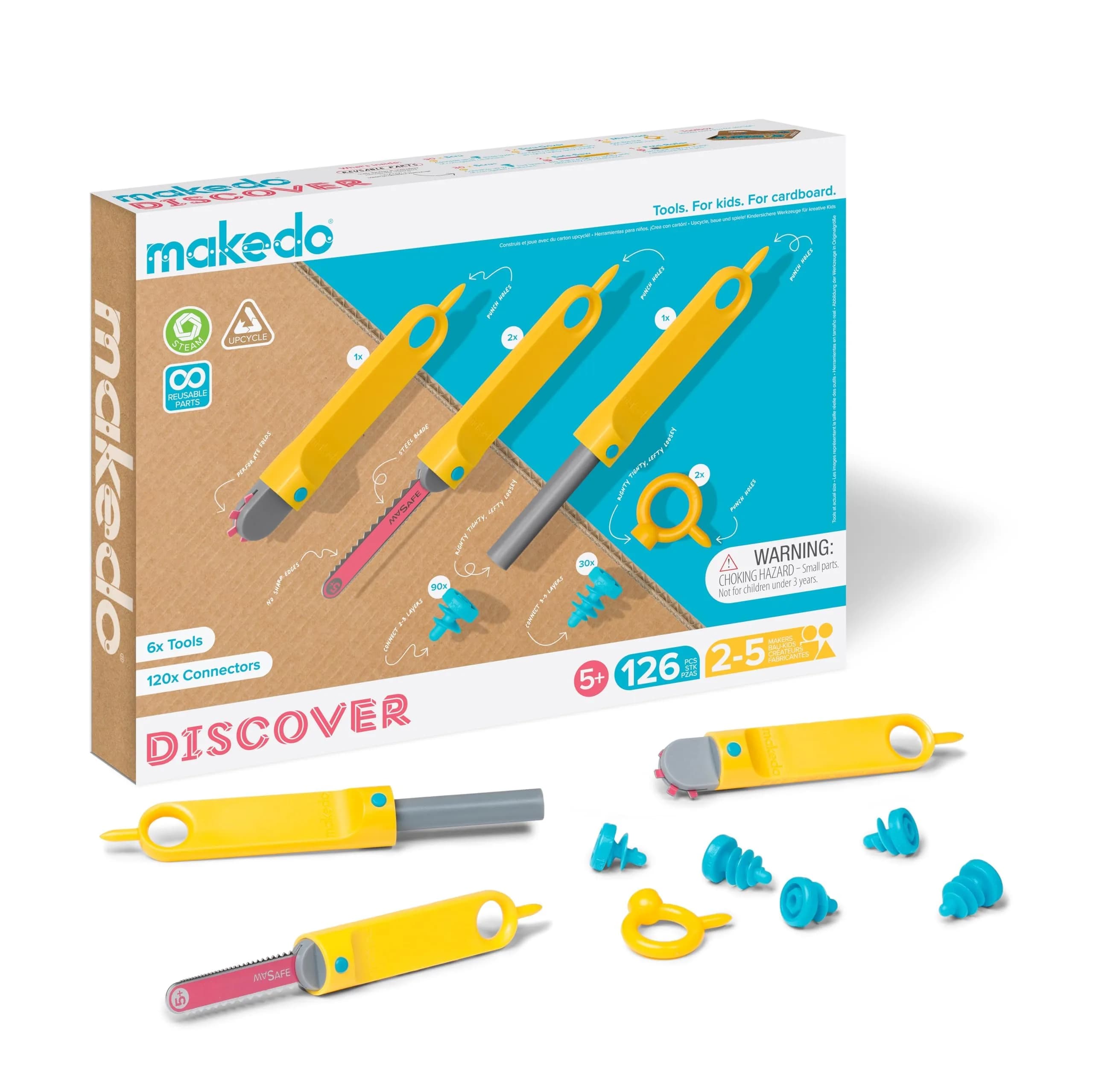 Makedo Discover | Safe Cardboard Construction Toy Kit for Kids, 126 Pieces | STEM & STEAM Educational Play, Age 5+