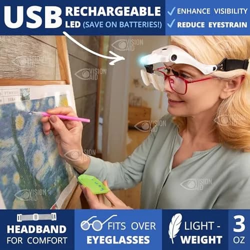 Vision Aid Headband Magnifier with LED Light, 5 Lenses & Case | Hands-Free Magnifying Glass for Crafts & Close Work thumbnail 2