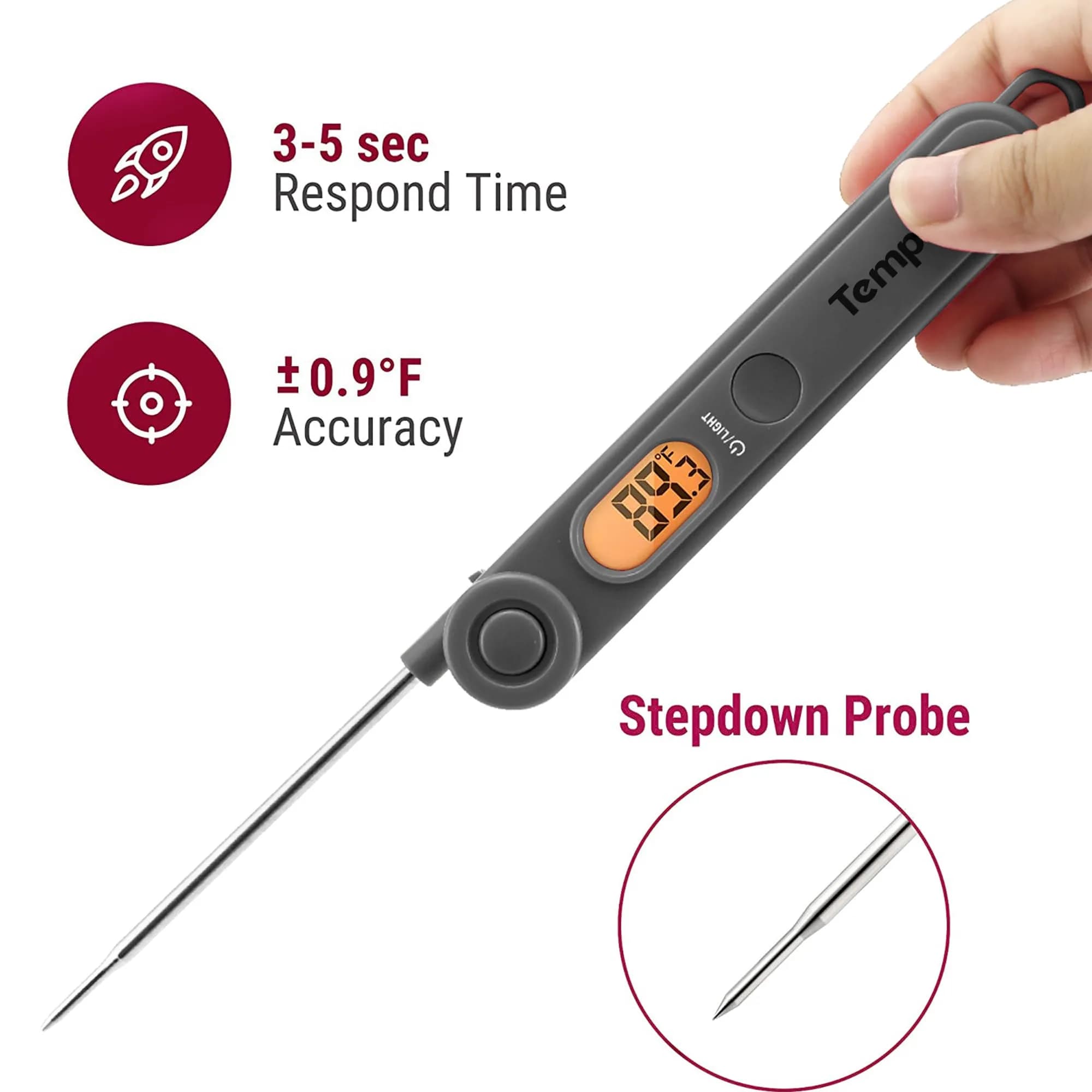 TempPro TempSwift Grey Digital Meat Thermometer with Foldable Probe & Backlight | Instant Read up to 300°C - view 2
