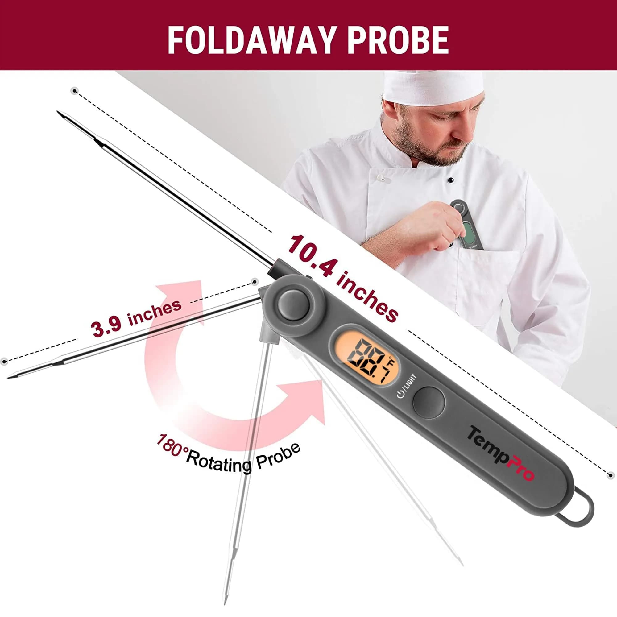 TempPro TempSwift Grey Digital Meat Thermometer with Foldable Probe & Backlight | Instant Read up to 300°C - view 3