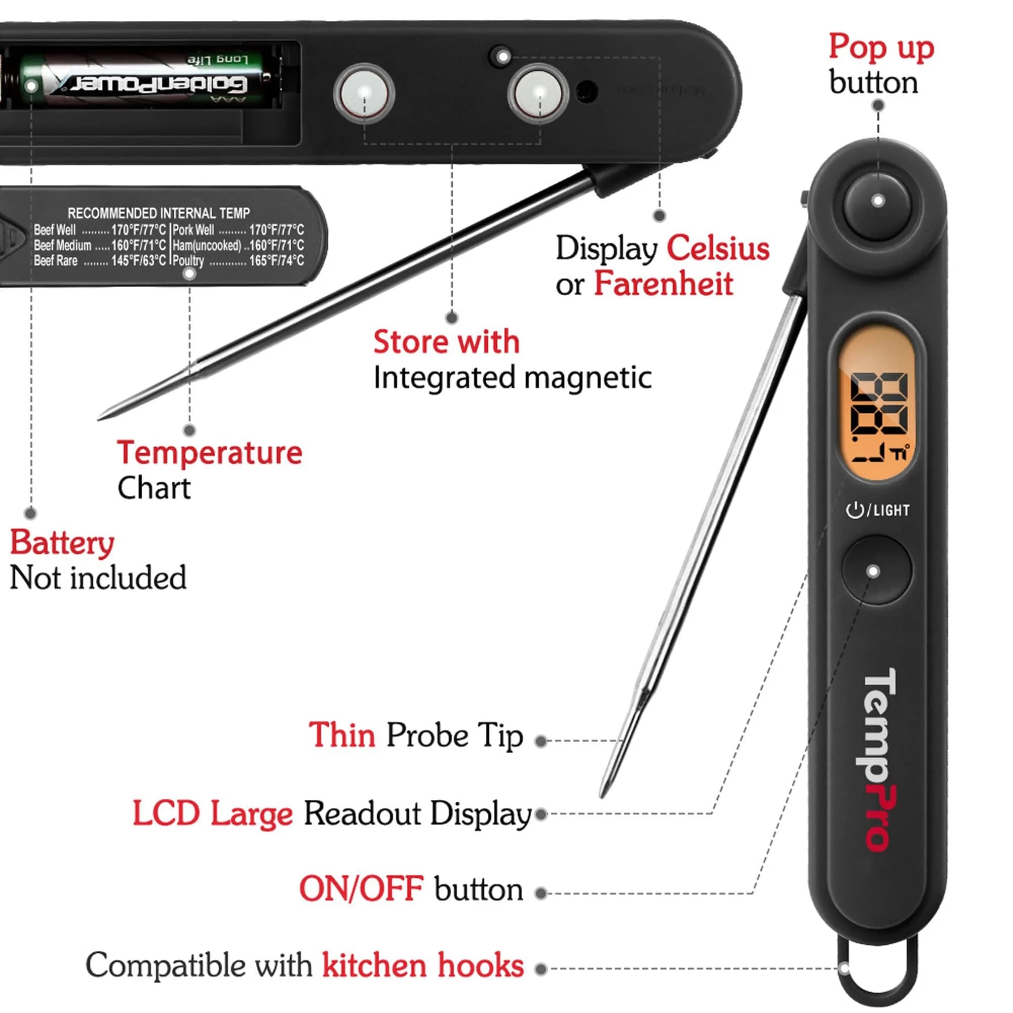 TempPro Instant Read Digital Meat Thermometer with Backlight & Foldable Probe | 300°C (572°F) - view 4