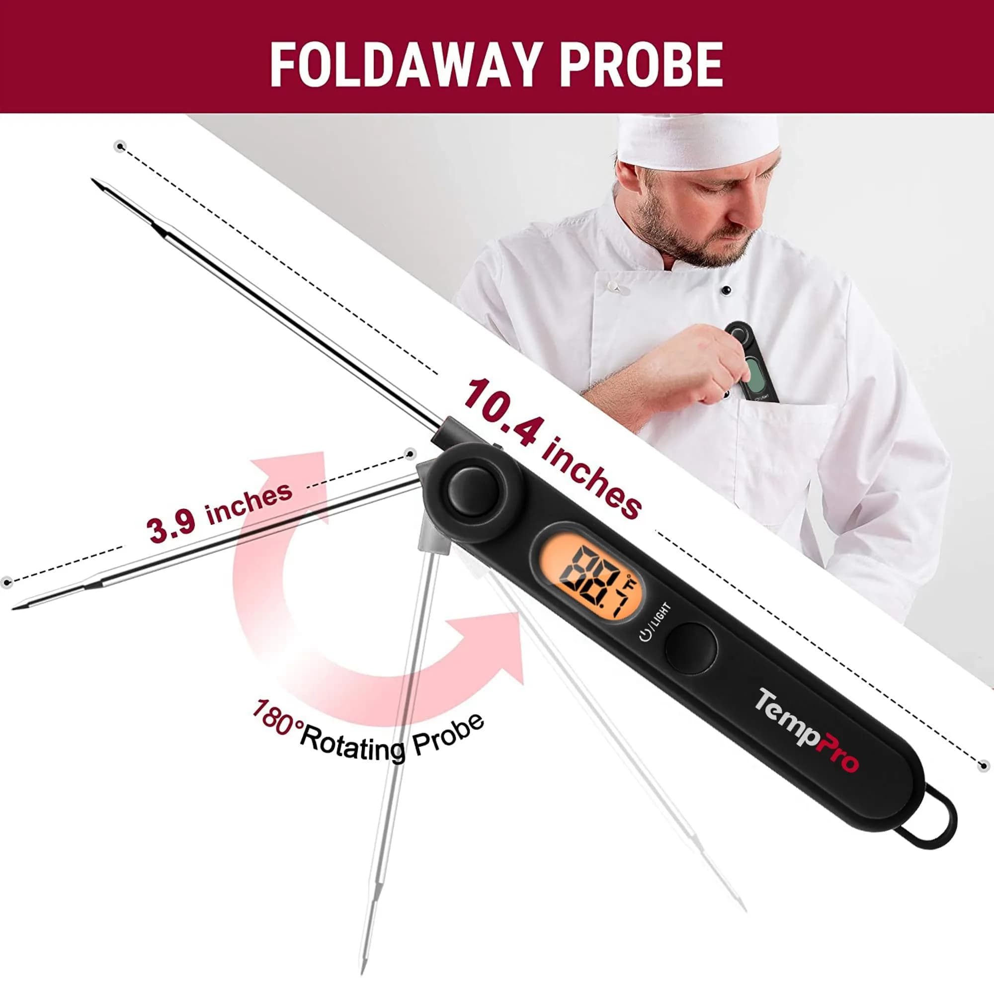 TempPro Instant Read Digital Meat Thermometer with Backlight & Foldable Probe | 300°C (572°F) - view 3