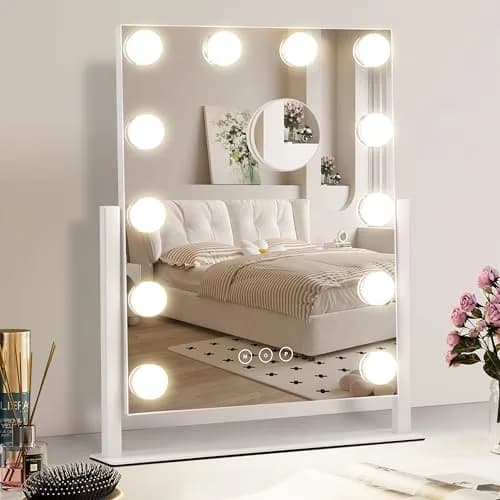 NUSVAN Vanity Makeup Mirror with Lights, 3 Color Modes, 10X Magnification, 360° Rotation, White (14.6Inch) | Adjustable Brightness & Detachable Mirror thumbnail 1