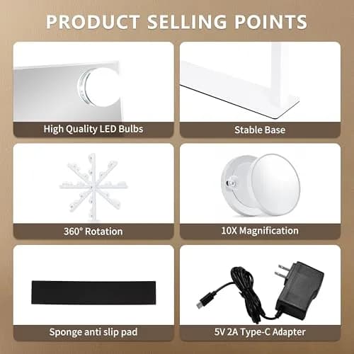 NUSVAN Vanity Makeup Mirror with Lights, 3 Color Modes, 10X Magnification, 360° Rotation, White (14.6Inch) | Adjustable Brightness & Detachable Mirror thumbnail 6