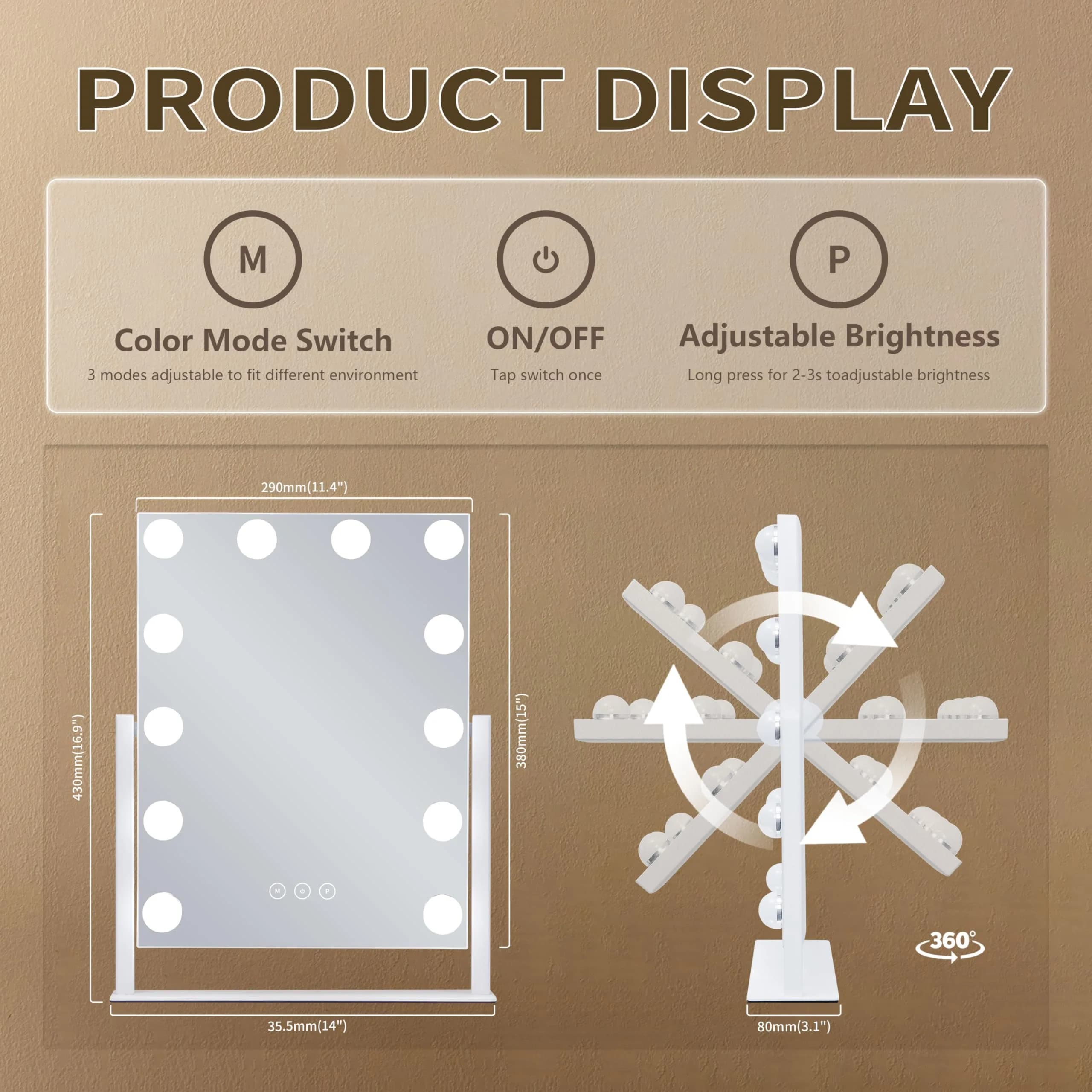 NUSVAN Vanity Makeup Mirror with Lights, 3 Color Modes, 10X Magnification, 360° Rotation, White (14.6Inch) | Adjustable Brightness & Detachable Mirror thumbnail 4