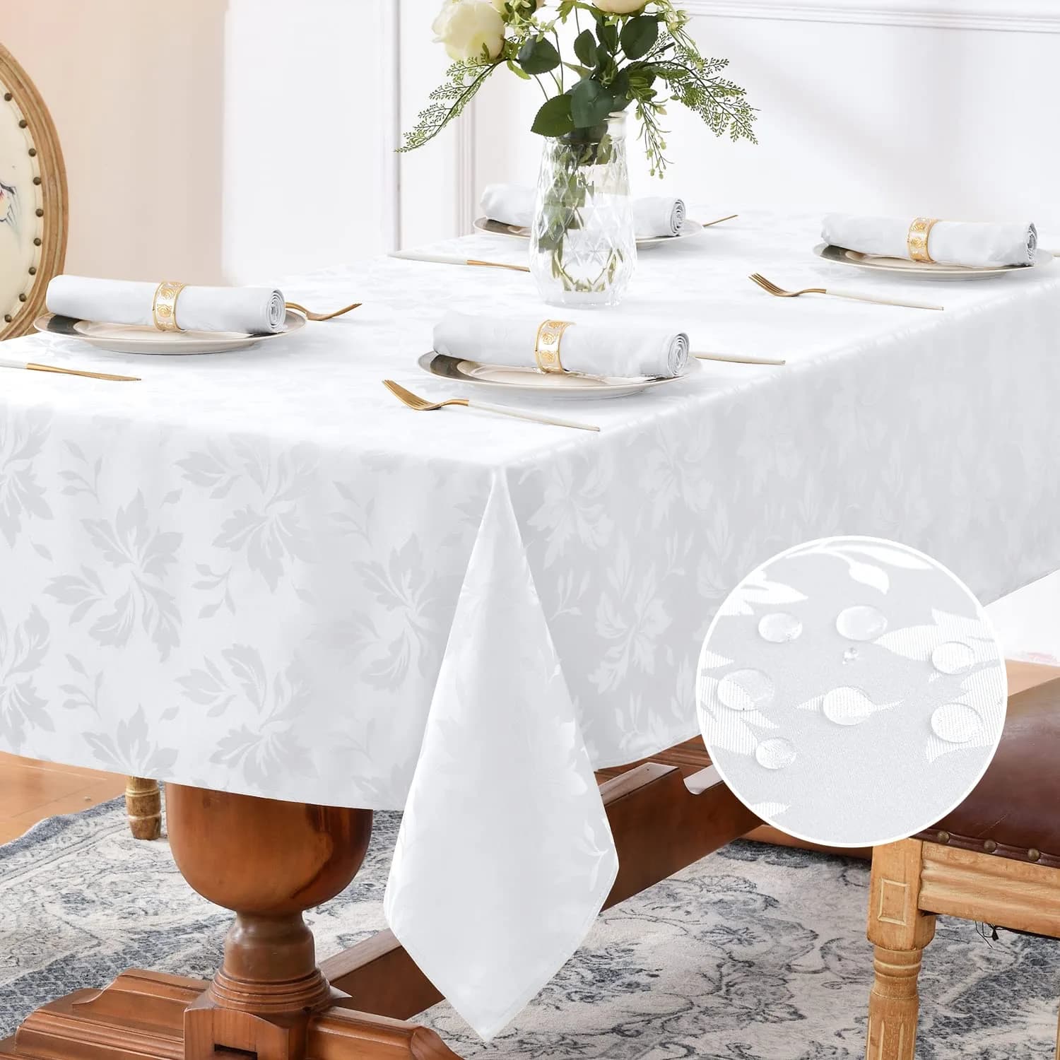 Romanstile Jacquard Rectangle Tablecloth 60 x 84 Inch | Elegant Floral Design, Water-Resistant, Stainproof (100% Polyester) — Flower - White
