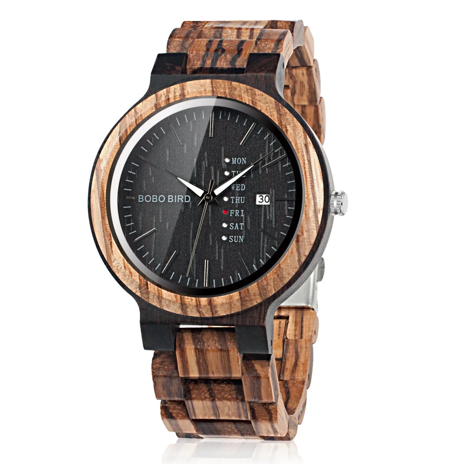 BOBO BIRD Week and Date Display Men's Zebra Wooden Quartz Watch 45.6mm | Handmade Casual Retro Style - main product image