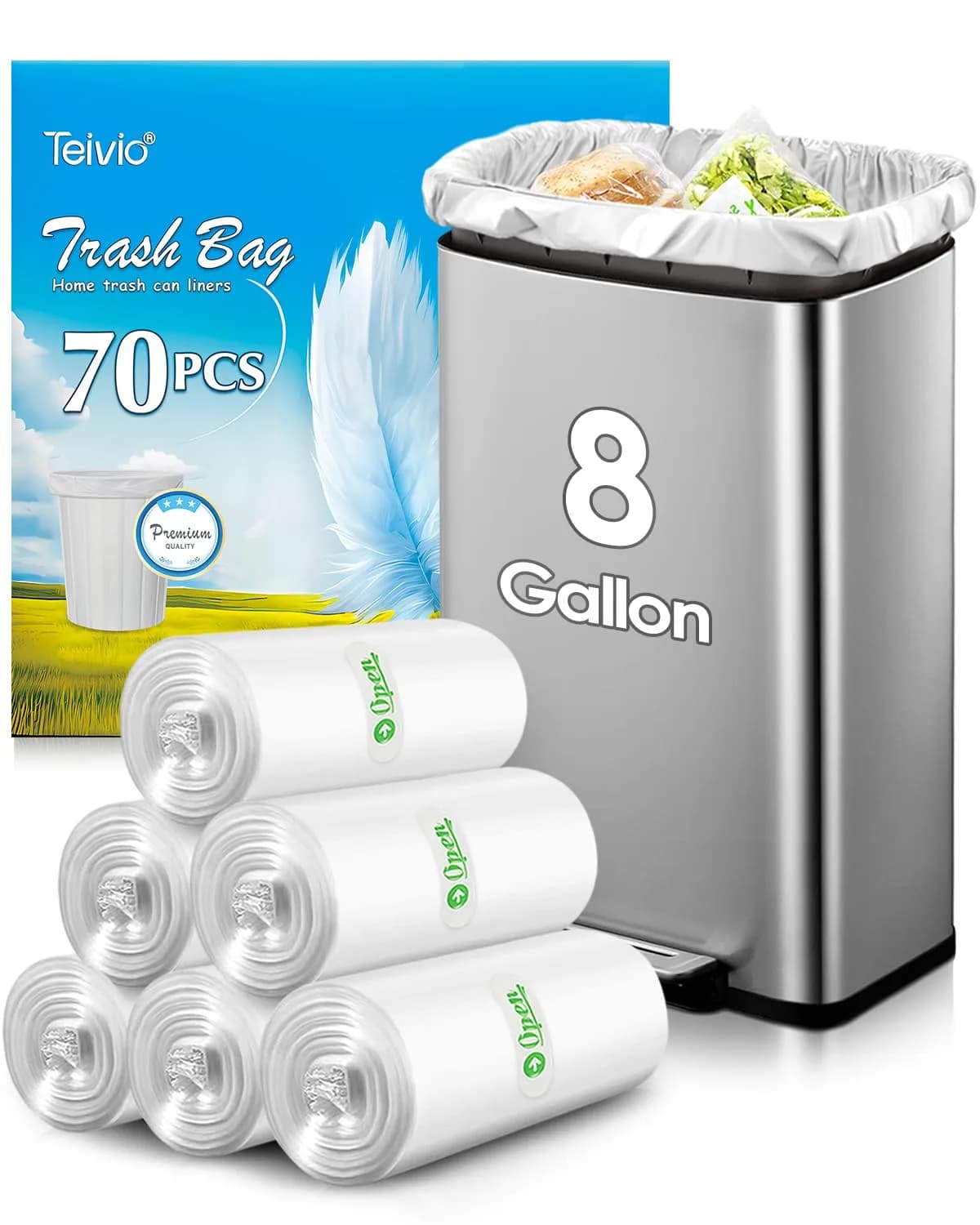 Teivio Small Clear Trash Bags 1.2 Gallon 180 Count | Unscented Garbage Bags for Home & Office — 70pcs-8 Gallon-Clear