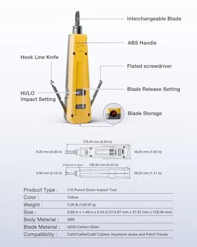 VCELINK Punch Down Impact Tool with 110 and 66 Blades | Network Wire Punch for Home & Professional Use thumbnail 7