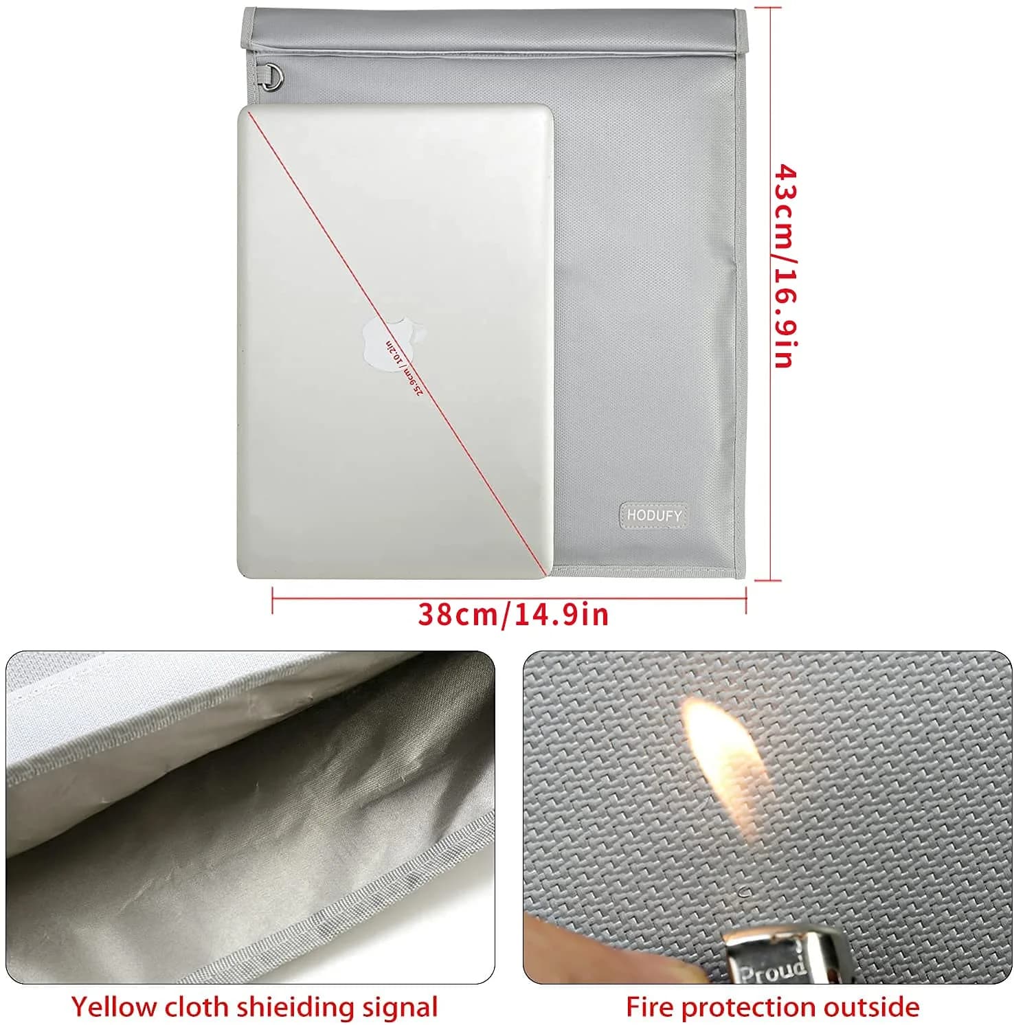 Hodufy Faraday Bag for Laptops (20 x 15 inches), Faraday Cage, Cell Phone Signal Jammer, Faraday Key Fob Protector, Fireproof & Water Resistant Bag, Anti-Theft Pouch, Anti-Hacking Case Blocker(Grey) thumbnail 2