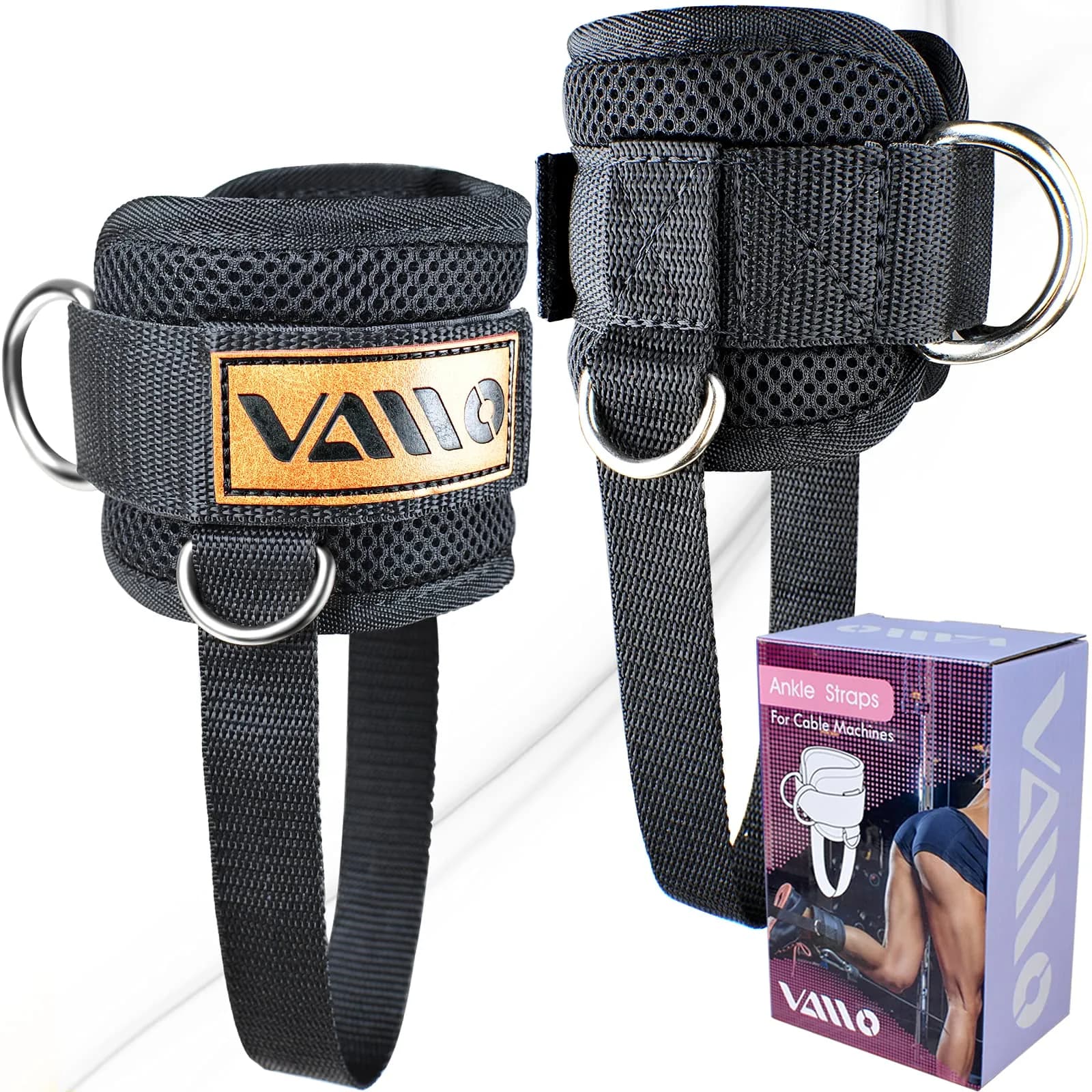 VAIIO Ankle Straps for Cable Machines, Adjustable Comfort Fit Neoprene (Pair, Black) | Double D-Ring Lower Body Workout Attachments — Black - Strong