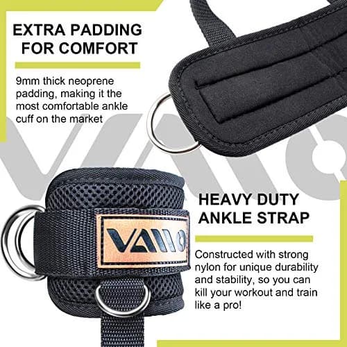 VAIIO Ankle Straps for Cable Machines, Adjustable Comfort Fit Neoprene (Pair, Black) | Double D-Ring Lower Body Workout Attachments thumbnail 4