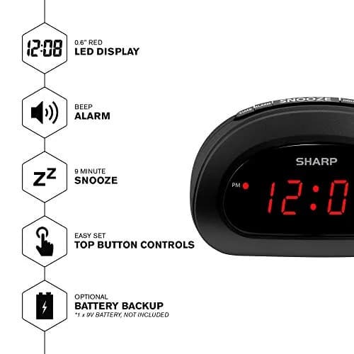 Sharp Small Digital Alarm Clock, Red LED, Snooze, 9V Battery Backup, Black | Clear 0.6” LED, Easy Controls, Compact Bedroom Clock thumbnail 2