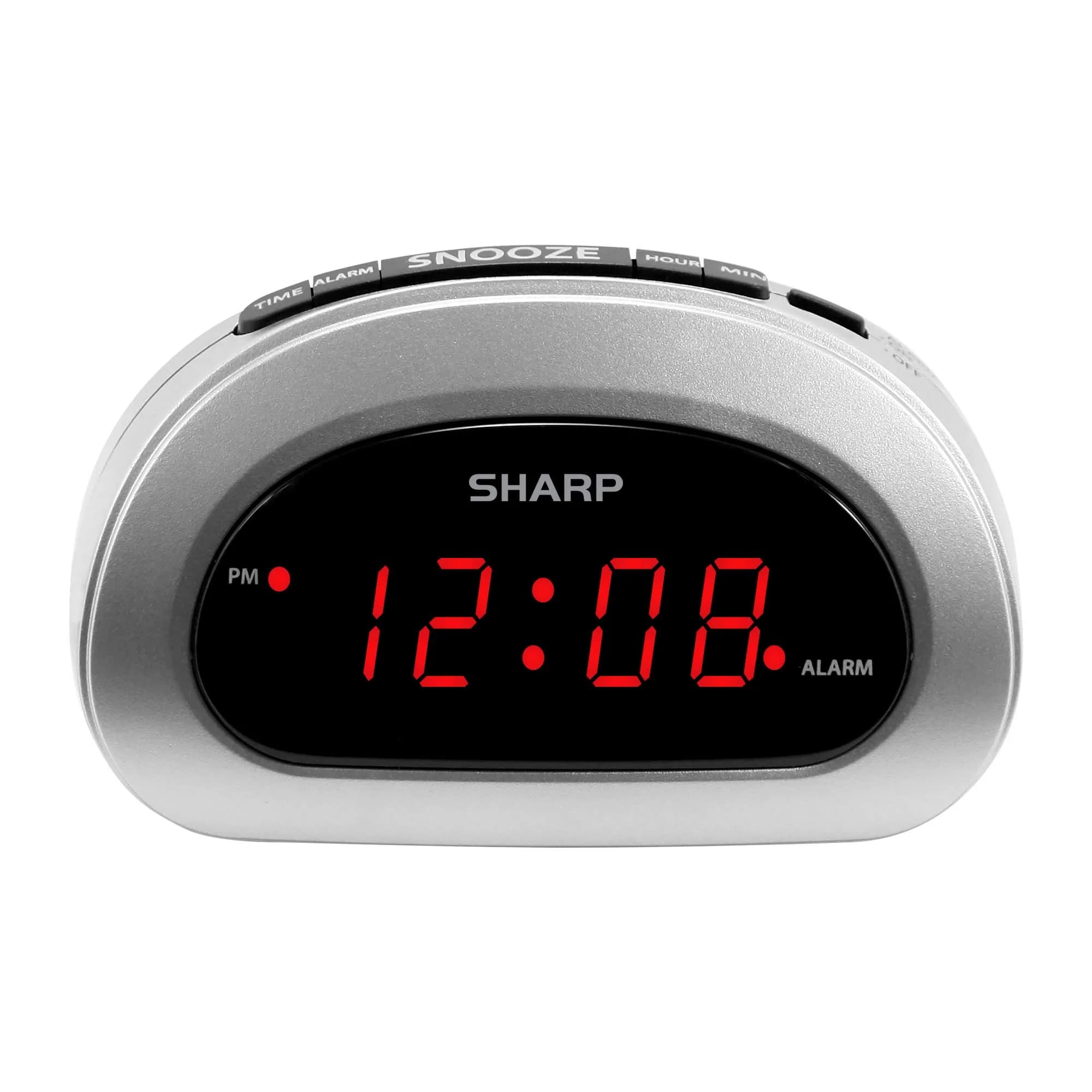Sharp Small Digital Alarm Clock with Snooze and Battery Backup | Easy to Use Top Button Controls, Silver Case with Red LED Display — Silver