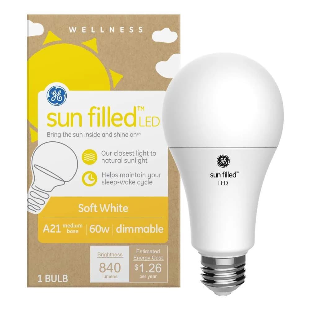 GE Sun Filled LED Light Bulb, Soft White, A21 Shape, 60W Equivalent, 1-Pack | Natural Sunlight LED for Home - main product image