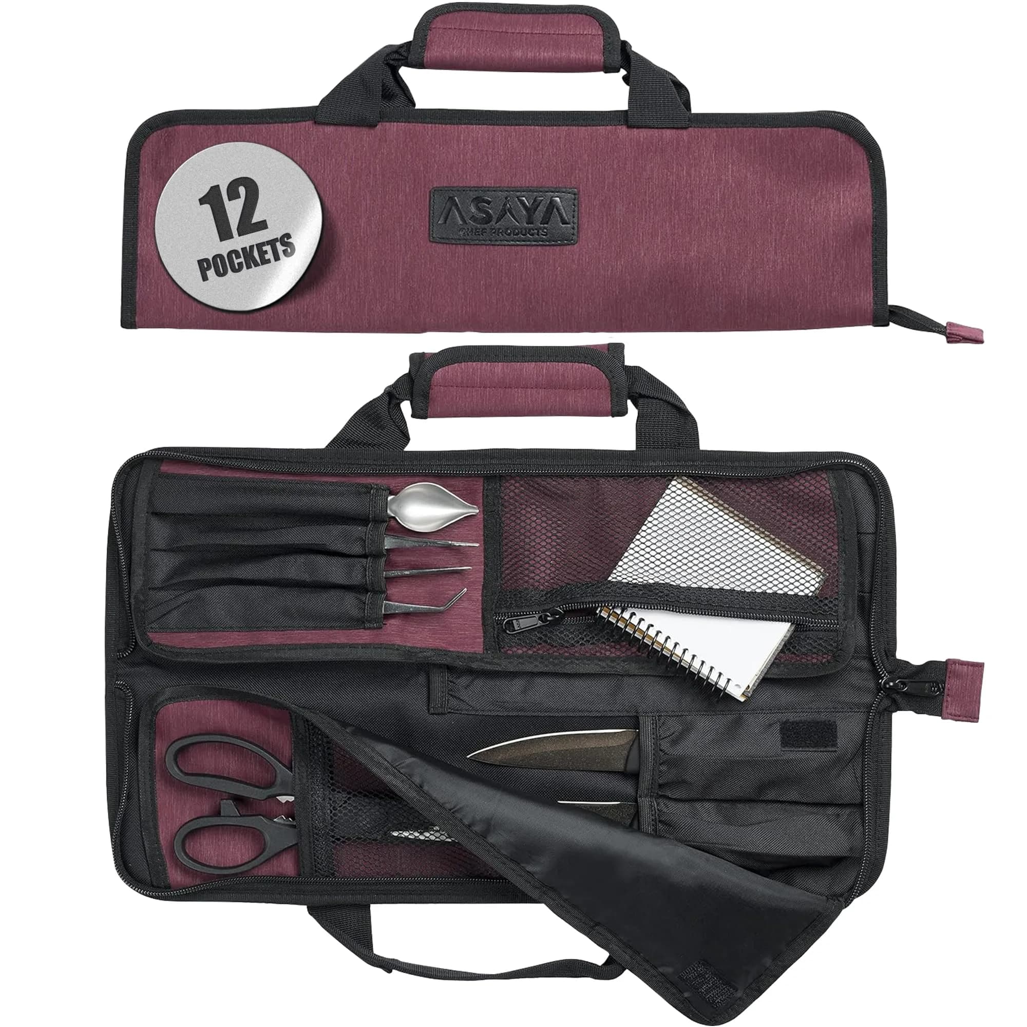 Asaya Chef Knife Roll Bag - 12-Pocket Travel Case for Kitchen Knives, Lightweight Stain-Resistant Nylon, Purple — Red