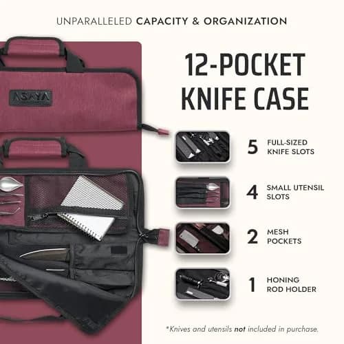 Asaya Chef Knife Roll Bag - 12-Pocket Travel Case for Kitchen Knives, Lightweight Stain-Resistant Nylon, Red | Secure & Portable thumbnail 2
