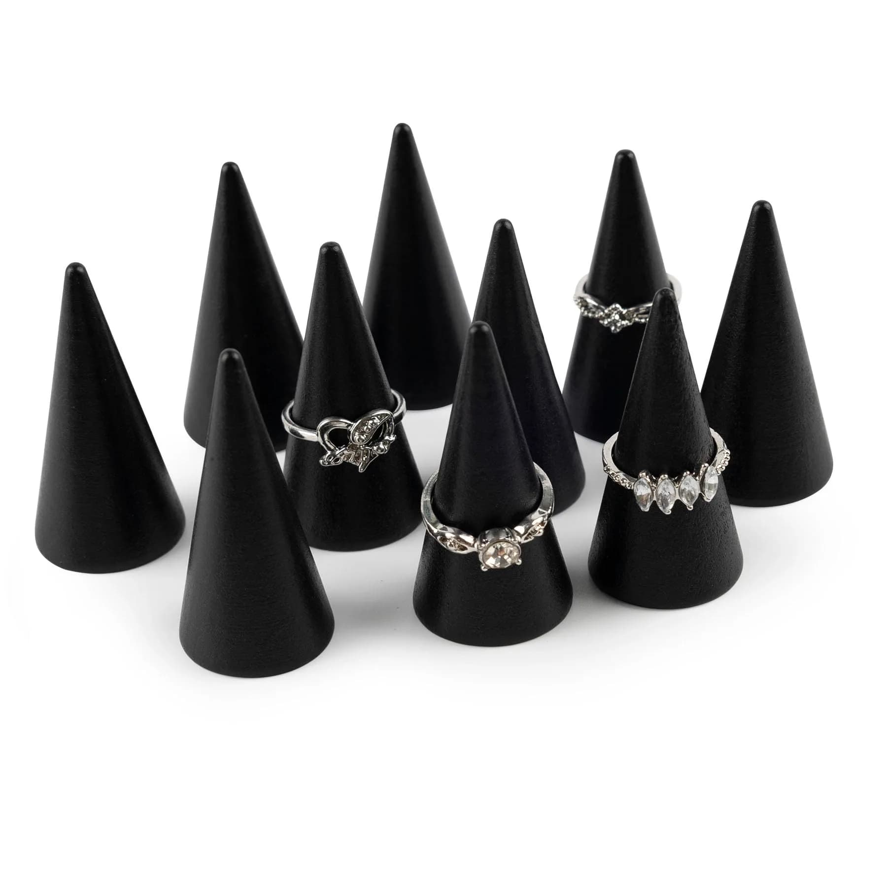 AUEAR Black 10 Pack Wood Cone Ring Holder Stand | Compact Size for Jewelry Display
