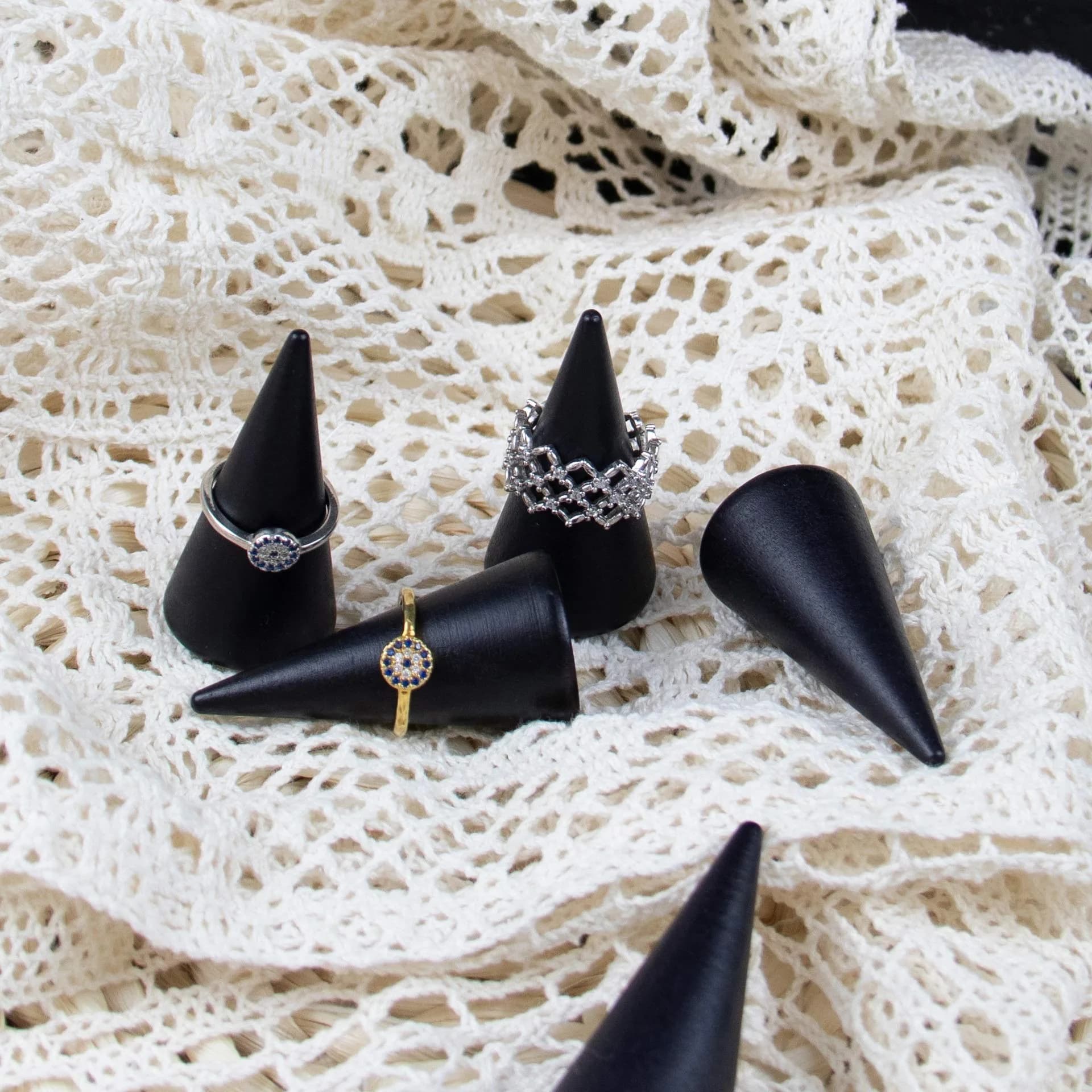 AUEAR Black 10 Pack Wood Cone Ring Holder Stand | Compact Size for Jewelry Display - view 2