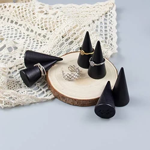 AUEAR Black 10 Pack Wood Cone Ring Holder Stand | Compact Size for Jewelry Display thumbnail 3